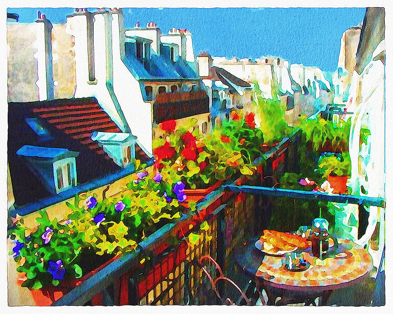 Balkon mit Blumen in Paris - Aquarell