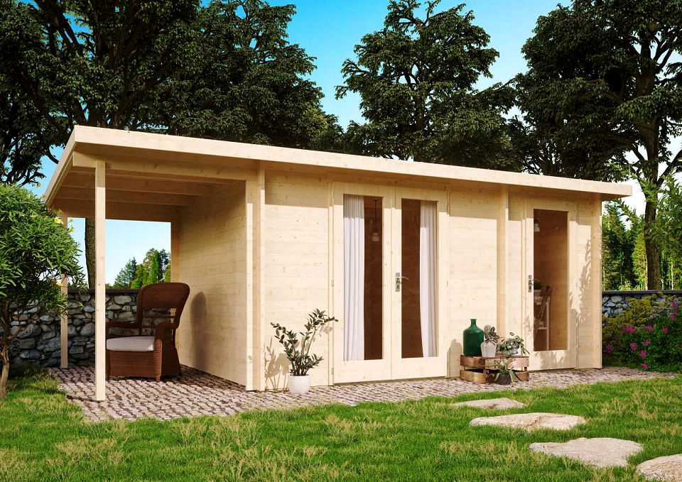 Moderne Gartenhäuser gibt es auch mit einer kleinen Terrasse.